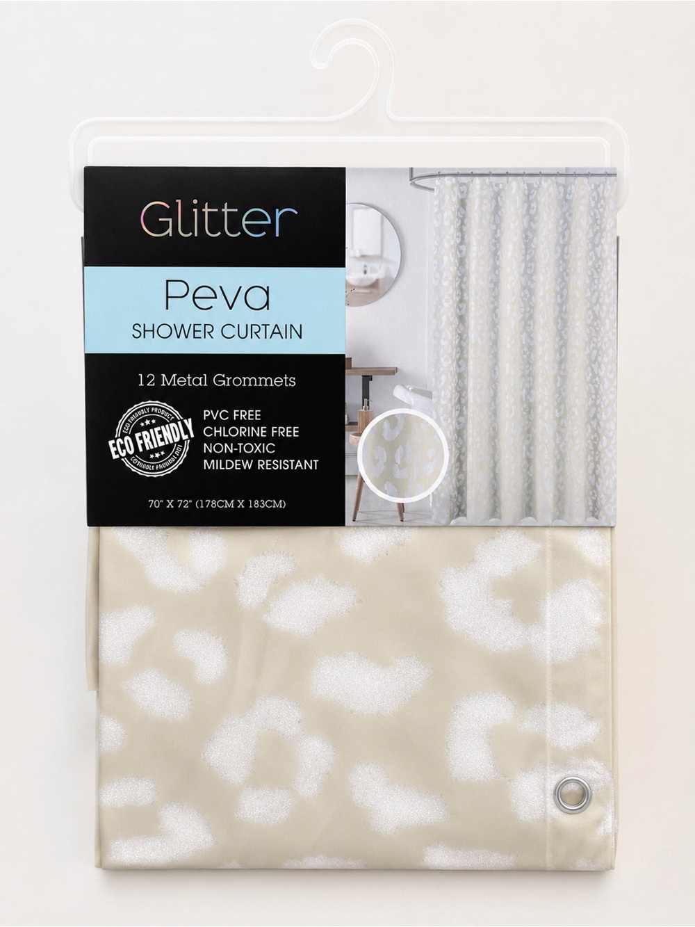 ✨🐆New Glitter PEVA Leopard Shower Curtain Tan 70” x 72” Metal Grommets